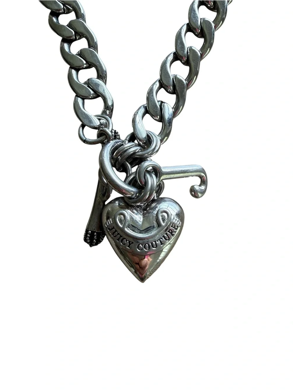 Juicy Couture Vintage silver chain and heart necklace with J charm